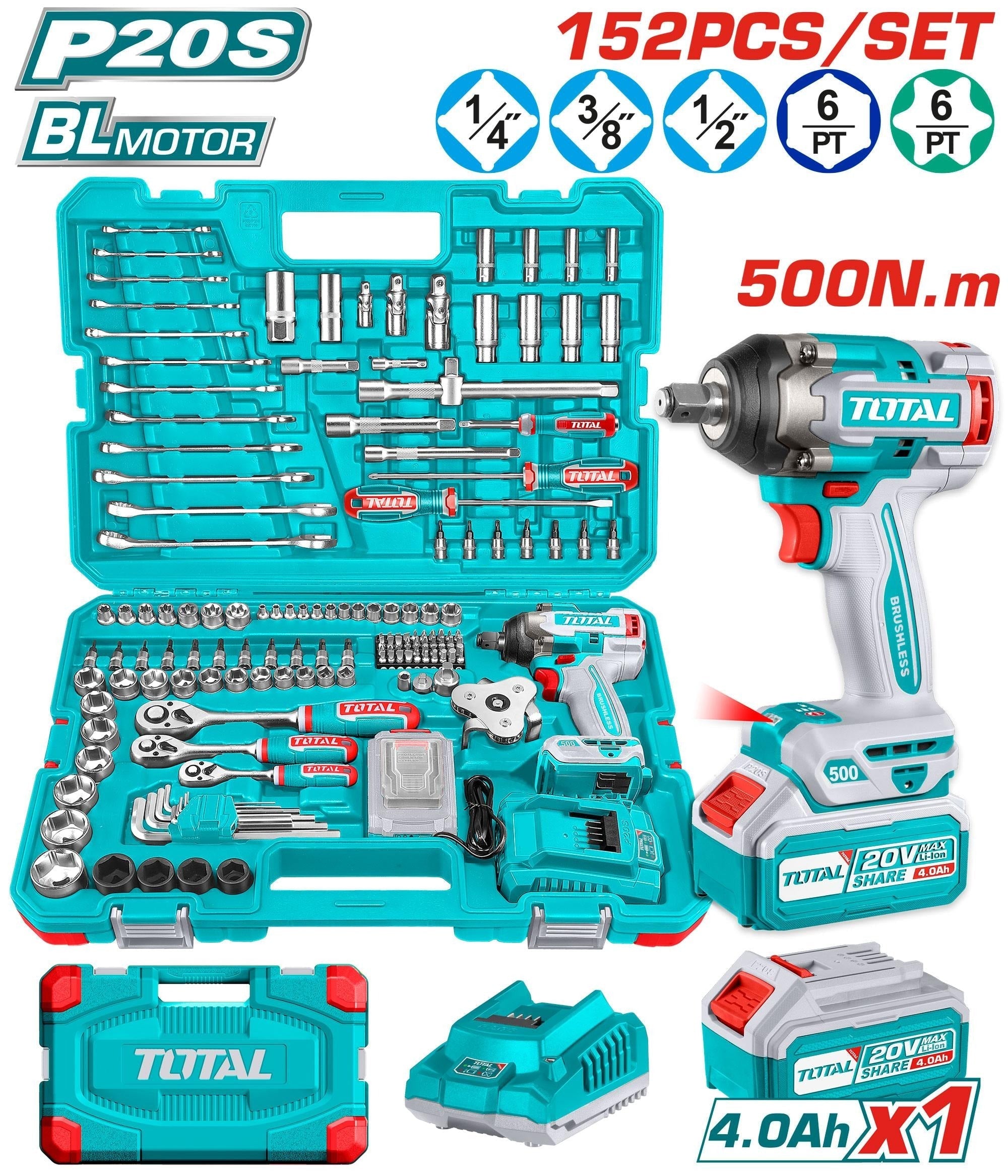 LLAVE DE IMPACTO 1/2" 20V 500 N.M + 152 ACCESORIOS INDUSTRIAL SUPER TOTAL