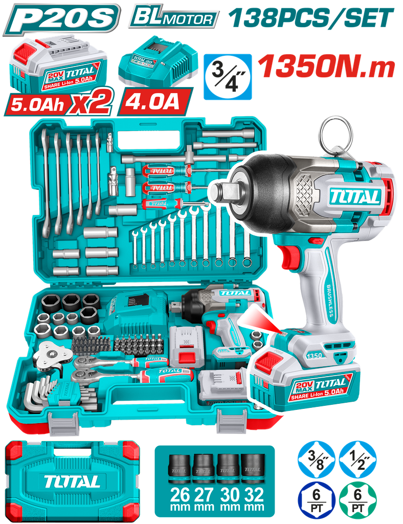 PISTOLA IMPACTO INALAMBRICA 3/4 20V 1350 NM INCLUYE 2 BATERIAS 1 CARGADOR + 132 ACCESORIOS INSDUSTRIAL SUPER TOTAL (UTHKTHP41