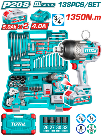 PISTOLA IMPACTO INALAMBRICA 3/4 20V 1350 NM INCLUYE 2 BATERIAS 1 CARGADOR + 132 ACCESORIOS INSDUSTRIAL SUPER TOTAL (UTHKTHP41