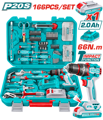 TALADRO PERCUTOR  INALAMBRICO 1/2" 20V 66NM + 1  BATERIA 2.0AH  + CARGADOR + 166 HERRAMIENTAS INDUSTRIAL SUPER TOTAL (UTHKTHP