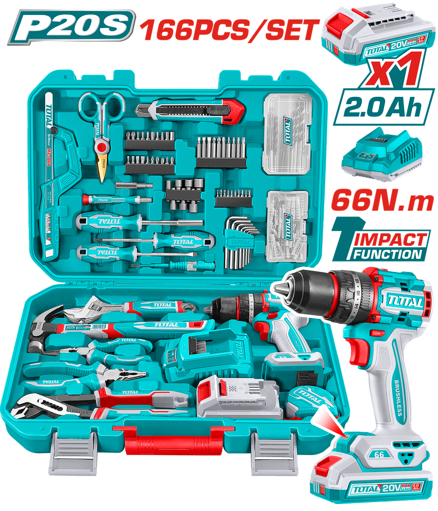 TALADRO PERCUTOR  INALAMBRICO 1/2" 20V 66NM + 1  BATERIA 2.0AH  + CARGADOR + 166 HERRAMIENTAS INDUSTRIAL SUPER TOTAL (UTHKTHP