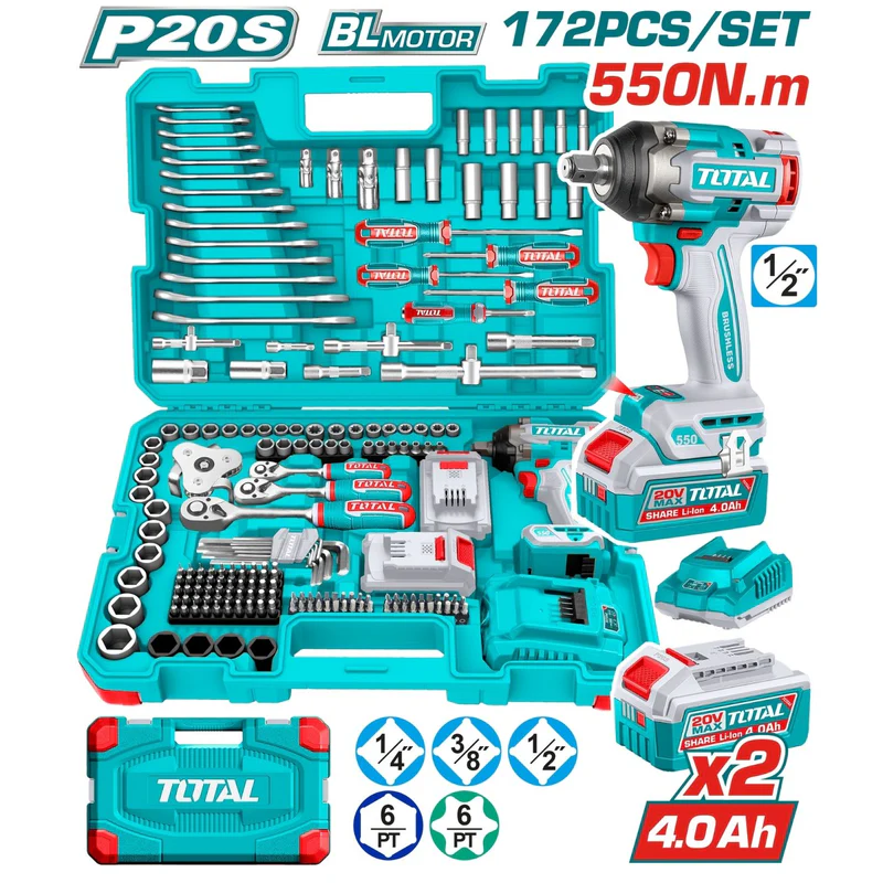 PISTOLA IMPACTO INALAMBRICA 1/2 20V 550 NM INCLUYE 2 BATERIAS 1 CARGADOR + 172 ACCESORIOS INSDUSTRIAL SUPER TOTAL (UTHKTHP417