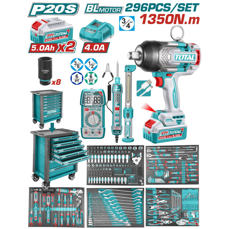 PISTOLA IMPACTO INALAMBRICA 3/4" 1350 NM + 2 BATERIAS 5.0AH + CARGADOR + CAJA DE HERRAMIENTAS CON 392 ACCESORIOS INDUSTRIAL T