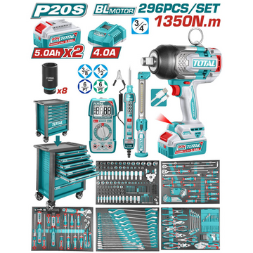 PISTOLA IMPACTO INALAMBRICA 3/4" 1350 NM + 2 BATERIAS 5.0AH + CARGADOR + CAJA DE HERRAMIENTAS CON 392 ACCESORIOS INDUSTRIAL T