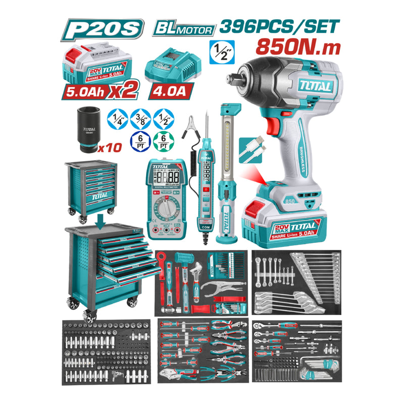 PISTOLA IMPACTO INALAMBRICA  1/2" 850 NM + 2 BATERIAS 5.0AH + CARGADOR + CAJA DE HERRAMIENTAS CON  396 ACCESORIOS  INDUSTRIAL
