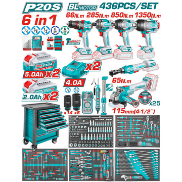 CAJA HERRAMIENTAS PISTOLA IMPACTO 20V 850NM + PISTOLA IMPACTO 3/4 20V 1350NM + RACHE 3/8 20V 65NM +TALADRO PERCUTOR ATORNILLA