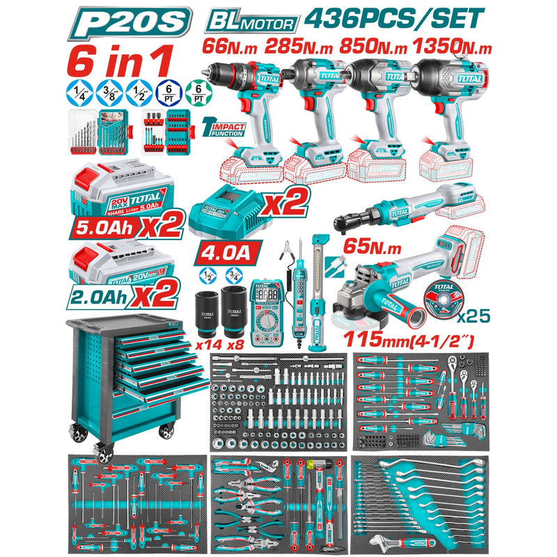 CAJA HERRAMIENTAS PISTOLA IMPACTO 20V 850NM + PISTOLA IMPACTO 3/4 20V 1350NM + RACHE 3/8 20V 65NM +TALADRO PERCUTOR ATORNILLA
