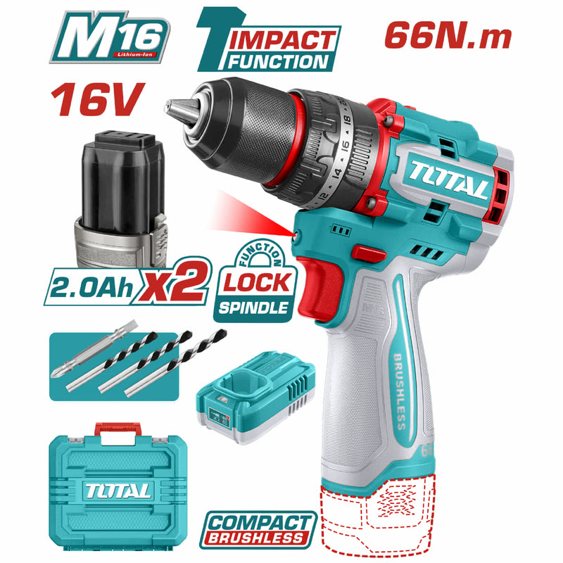 TALADRO INALAMBRICO PERCUTOR 1/2 16V 66NM INCLUYE 2 BATERIAS 2,0AH, CARGADOR Y ACCESORIOS INDUSTRIAL SUPER TOTAL (UTIDLI16606