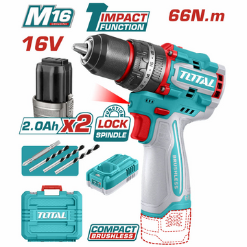 TALADRO INALAMBRICO PERCUTOR 1/2 16V 66NM INCLUYE 2 BATERIAS 2,0AH, CARGADOR Y ACCESORIOS INDUSTRIAL SUPER TOTAL (UTIDLI16606