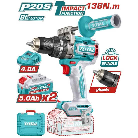 TALADRO INALAMBRICO PERCUTOR 1/2" 136NM 20V CAJA PLASTICA INCLUYE 2 BATERIAS 20V 5.0AH, 1 CARGADOR INDUSTRIAL SUPER TOTAL (UT