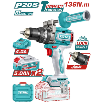 TALADRO INALAMBRICO PERCUTOR 1/2" 136NM 20V CAJA PLASTICA INCLUYE 2 BATERIAS 20V 5.0AH, 1 CARGADOR INDUSTRIAL SUPER TOTAL (UT