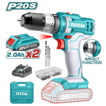 TALADRO 20V 1/32/3/8" 2 BATERIA 2.0Ah, 1CARGADOR Y 50 ACCESORIOS CAJA PLASTICA INDUSTRIAL TOTAL