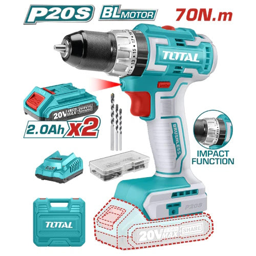 TALADRO 20V (1/2") + 2 BATERÍAS 2,0AH CON PERCUTOR S/ESCOBILLAS (TOTAL)