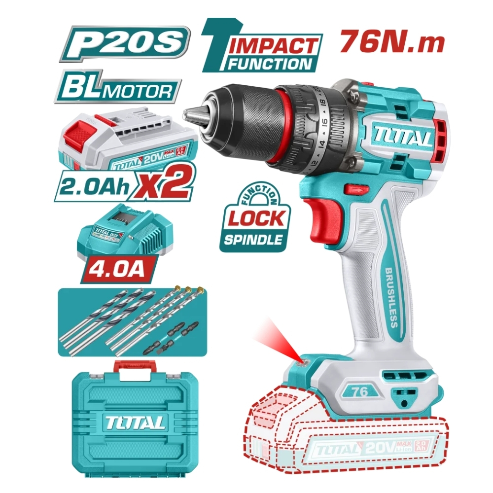 TALADRO INALAMBRICO  PERCUTOR 1/2 20V 76 N.M INCLUYE 2 BATERIA DE 2.0AH, CARGADOR  Y ACCESORIOSINDUSTRIAL SUPER TOTAL (UTIDLI