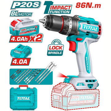 TALADRO INALAMBRICO PERCUTOR 1/2" 86 NM 20V CAJA PLASTICA INCLUYE 2  BATERIA 4.0AH, 1 CARGADOR Y ACCESORIOS INDUSTRIAL SUPER 
