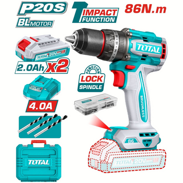 TALADRO INALAMBRICO PERCUTOR 1/2" 86 NM 20V CAJA PLASTICA INCLUYE 2  BATERIA 2.0AH, 1 CARGADOR Y ACCESORIOS INDUSTRIAL SUPER 