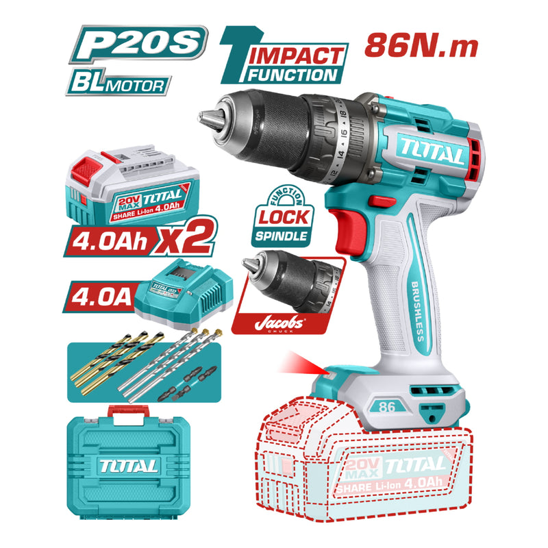 TALADRO INALAMBRICO PERCUTOR 1/2" 86NM 20V CAJA PLASTICA INCLUYE 2  BATERIA 4.0AH, 1 CARGADOR Y ACCESORIOS INDUSTRIAL SUPER T