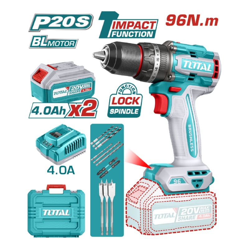 TALADRO INALAMBRICO PERCUTOR 1/2" 96N.M 20V  INCLUYE 2 BATERIAS 20V (4.0 AH), 1 CARGADOR Y ACCESORIOS INDUSTRIAL SUPER TOTAL