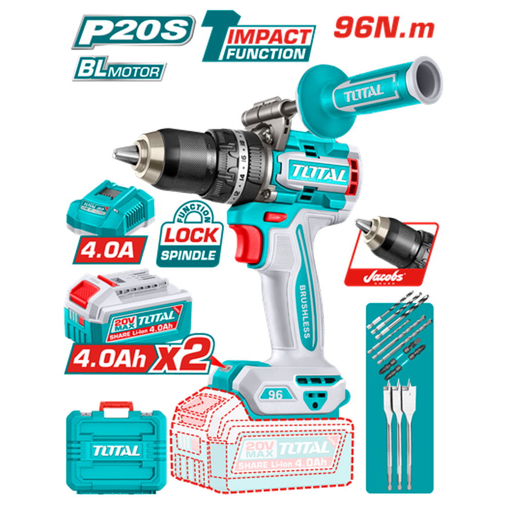 TALADRO INALAMBRICO PERCUTOR 1/2 20V 96 N.M INCLUYE 2 BATERIA DE 4.0AH, CARGADOR, INCLUYE ACCESORIOS INDUSTRIAL SUPER TOTAL (