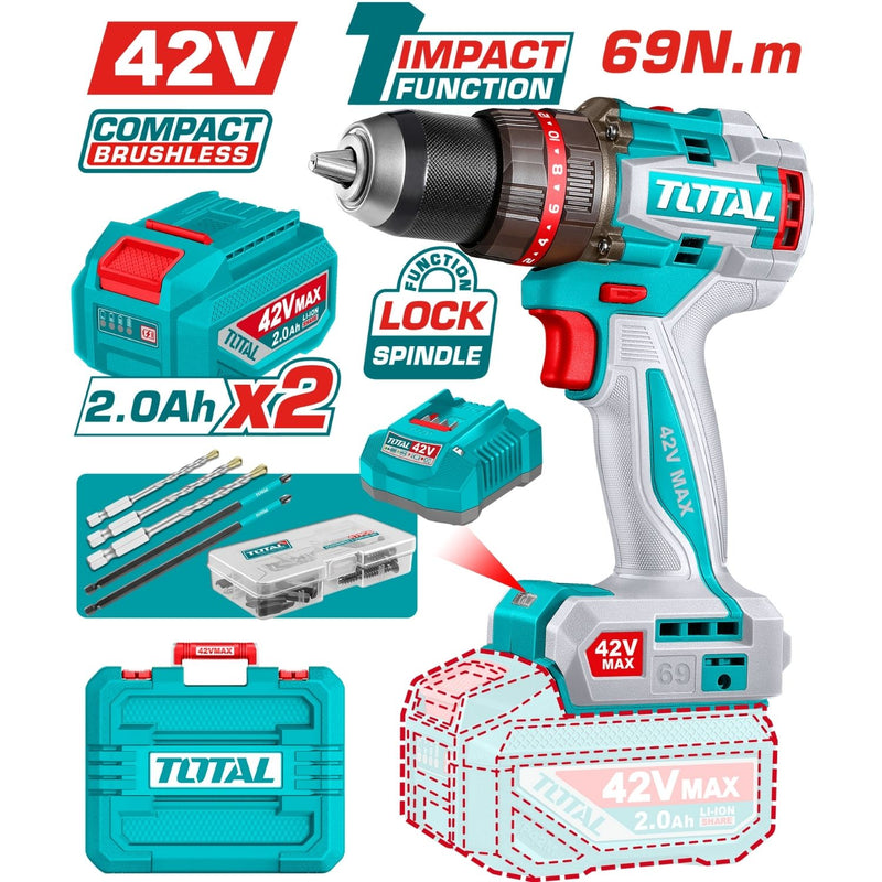 TALADRO DE IMPACTO INALAMBRICO 1/2 42V 69NM  INCLUYE 2 BATERIA DE 2.0AH, CARGADOR,47 ACCESORIOS,3 BROCAS CONCRETO y  2 PUNTAS