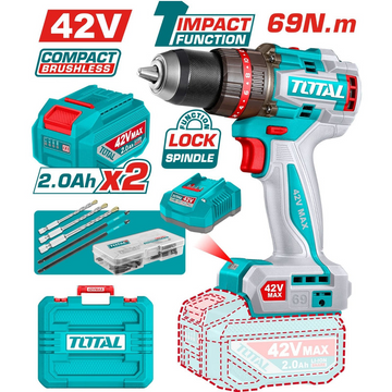TALADRO DE IMPACTO INALAMBRICO 1/2 42V 69NM  INCLUYE 2 BATERIA DE 2.0AH, CARGADOR,47 ACCESORIOS,3 BROCAS CONCRETO y  2 PUNTAS