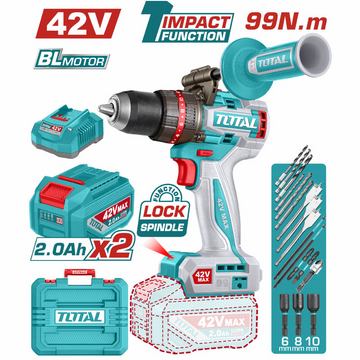 TALADRO INALAMBRICO PERCUTOR 1/2" 99 NM 42V CAJA PLASTICA INCLUYE 2 BATERIA 2.0AH, 1 CARGADOR Y ACCESORIOS INDUSTRIAL SUPER T