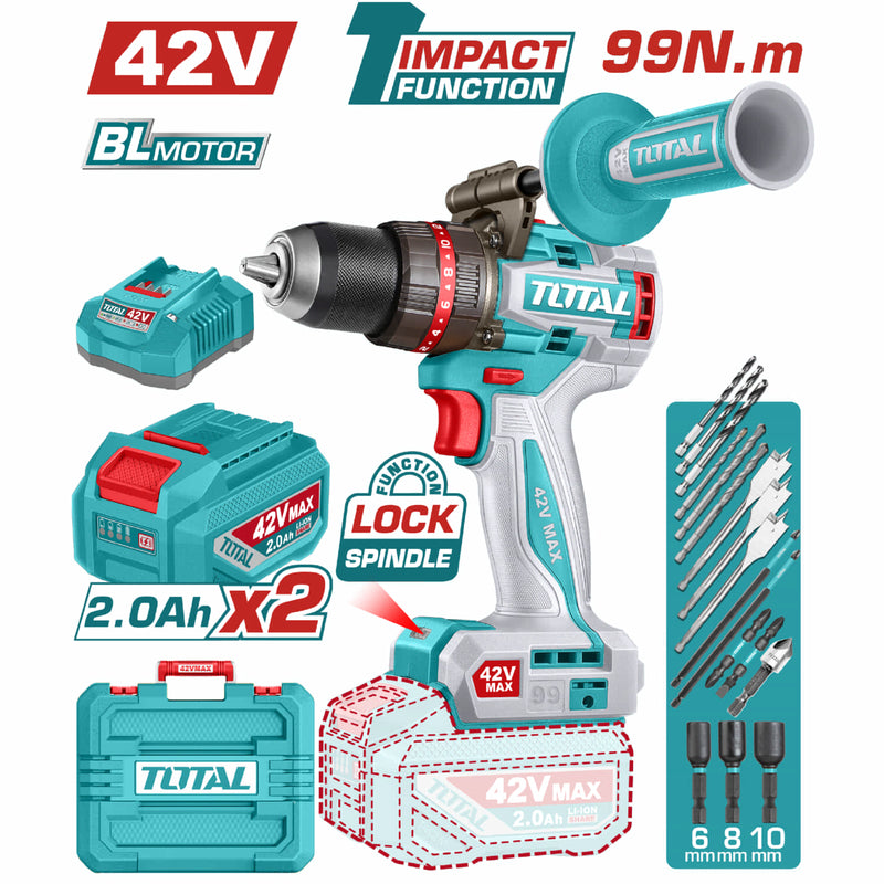 TALADRO INALAMBRICO PERCUTOR 1/2" 99 NM 42V CAJA PLASTICA INCLUYE 2 BATERIA 2.0AH, 1 CARGADOR Y ACCESORIOS INDUSTRIAL SUPER T