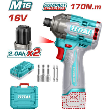 ATORNILLADOR IMPACTO INALAMBRICO 16V 170NM + 2 BAT. 2.0AH, CARGADOR, PUNTA TALADRO Y COPA