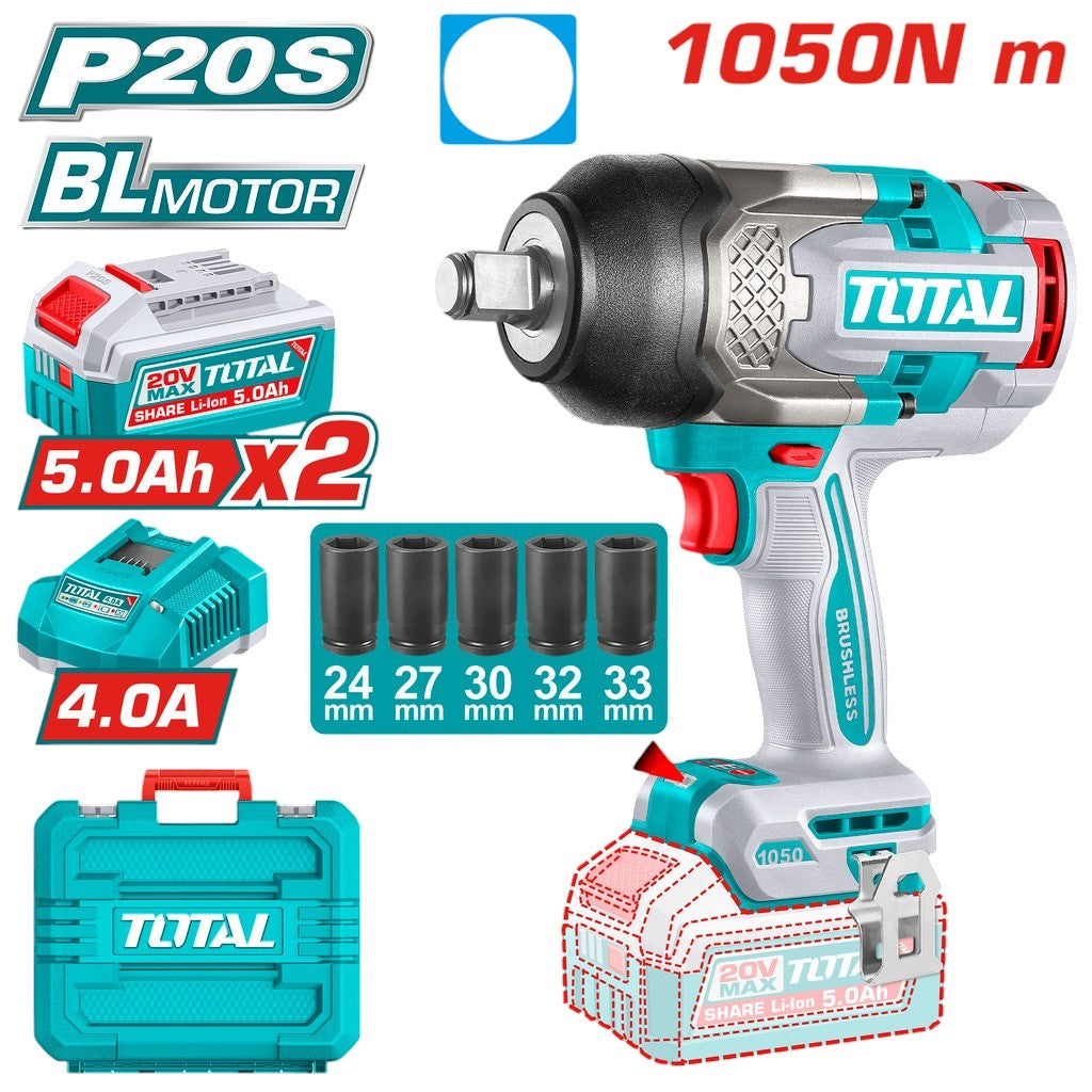 PISTOLA IMPACTO INALAMBRICA 3/4 20V 1050 NM INCLUYE 2 BATERIAS 5.0AH + CARGADOR Y 5 COPAS 24,27,30,32,33 MM, INDUSTRIAL SUPER