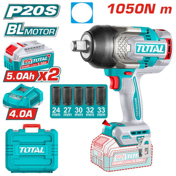 PISTOLA IMPACTO INALAMBRICA 3/4 20V 1050 NM INCLUYE 2 BATERIAS 5.0AH + CARGADOR Y 5 COPAS 24,27,30,32,33 MM, INDUSTRIAL SUPER