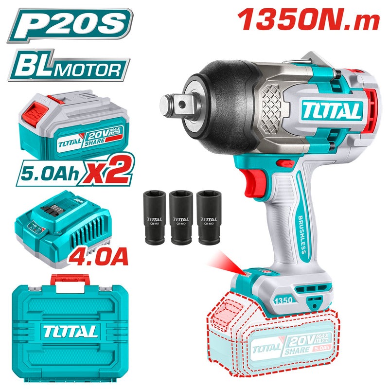 PISTOLA IMPACTO INALAMBRICA 3/4 20V 1350NM INCLUYE 2 (5.0 AH) BATERIAS 1 CARGADOR Y 3 COPAS 27,30,32 MM INDUSTRIAL SUPER TOTA