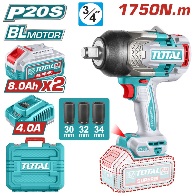 PISTOLA IMPACTO INALAMBRICA 3/4 20V 1750 NM INCLUYE 2 BATERIAS (8.0AH) 1 CARGADOR Y 3 COPAS 30,32,34 MM INDUSTRIAL TOTAL