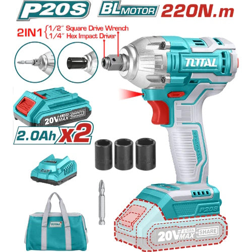 LLAVE DE IMPACTO Y ATORNILLADOR 20V (1/2") + 2 BATERIAS 2.0AH / (TOTAL)