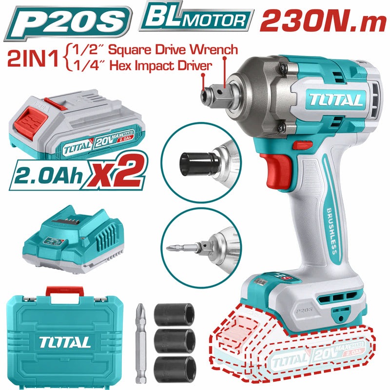 ATORNILLADOR  Y PISTOLA DE IMPACTO 20V 230NM 2 BATERIAS+CARGADOR+COPAS 17 19 21 Y PUNTA DESTORNILLADOR (TOTAL)