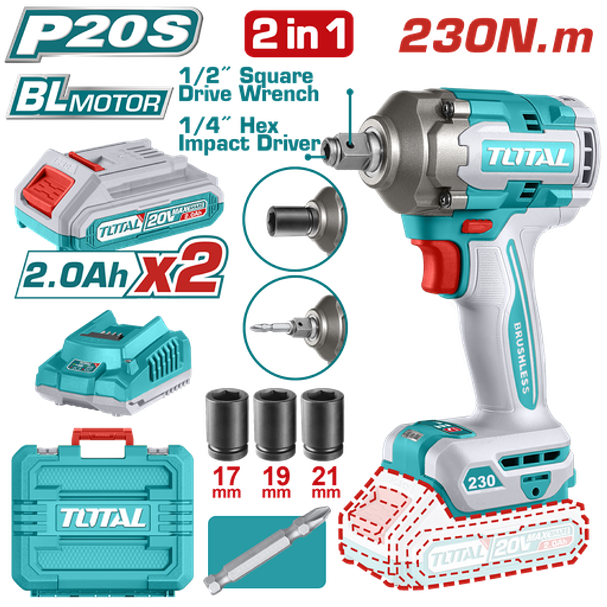 ATORNILLADOR Y PISTOLA DE IMPACTO 20V 2 BATERIAS CARGADOR COPAS 17 19 21 Y PUNTA DESTORNILLADOR INDUSTRIAL (TOTAL)