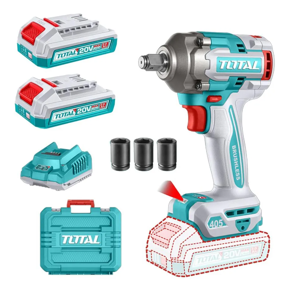 PISTOLA IMPACTO INALAMBRICA 1/2" 20V 405 NM INCLUYE  3 COPAS 17,19,21, 2 BATERIAS 1 CARGADOR INDUSTRIAL SUPER TOTAL (UTIWLI20