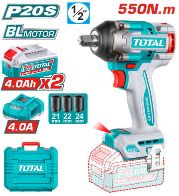 PISTOLA IMPACTO INALAMBRICA 1/2" 20V 550NM CAJA PLASTICA INCLUYE 2 BATERIA 4.0AH , 1 CARGADOR Y ACCESORIOS INDUSTRIAL SUPER T