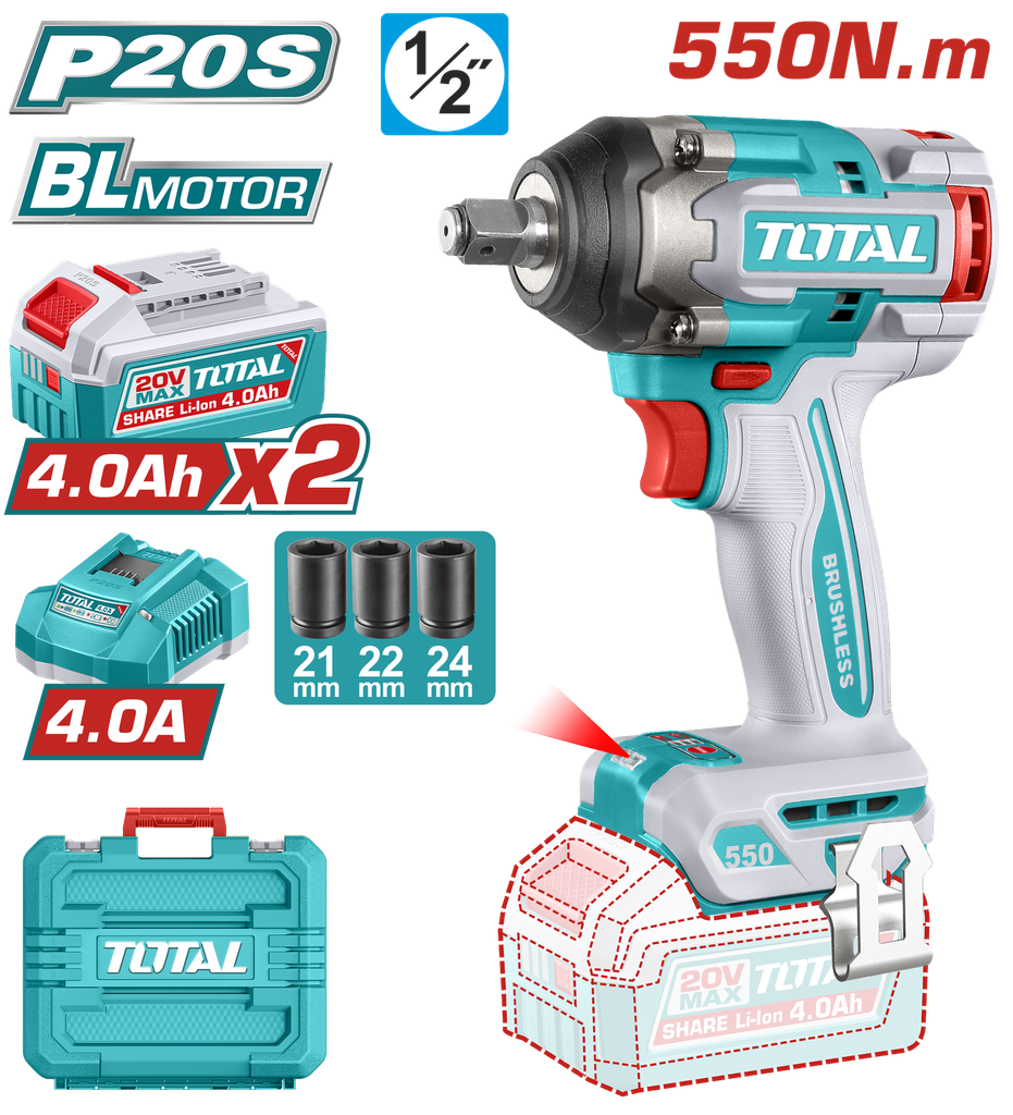 PISTOLA IMPACTO INALAMBRICA 1/2" 20V 550NM CAJA PLASTICA INCLUYE 2 BATERIA 4.0AH , 1 CARGADOR Y ACCESORIOS INDUSTRIAL SUPER T