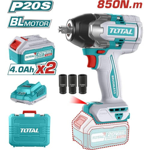LLAVE DE IMPACTO 20V (1/2") 850 N/m + 2 BATERÍAS 4,0 Ah / SIN ESCOBILLAS (TOTAL)