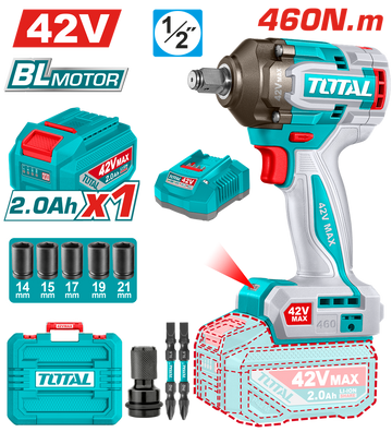 PISTOLA IMPACTO INALAMBRICA 1/2" 460 NM CAJA PLASTICA INCLUYE 1 BATERIA 42V, 1 CARGADOR Y ACCESORIOS SUPER TOTAL INDUSTRIAL