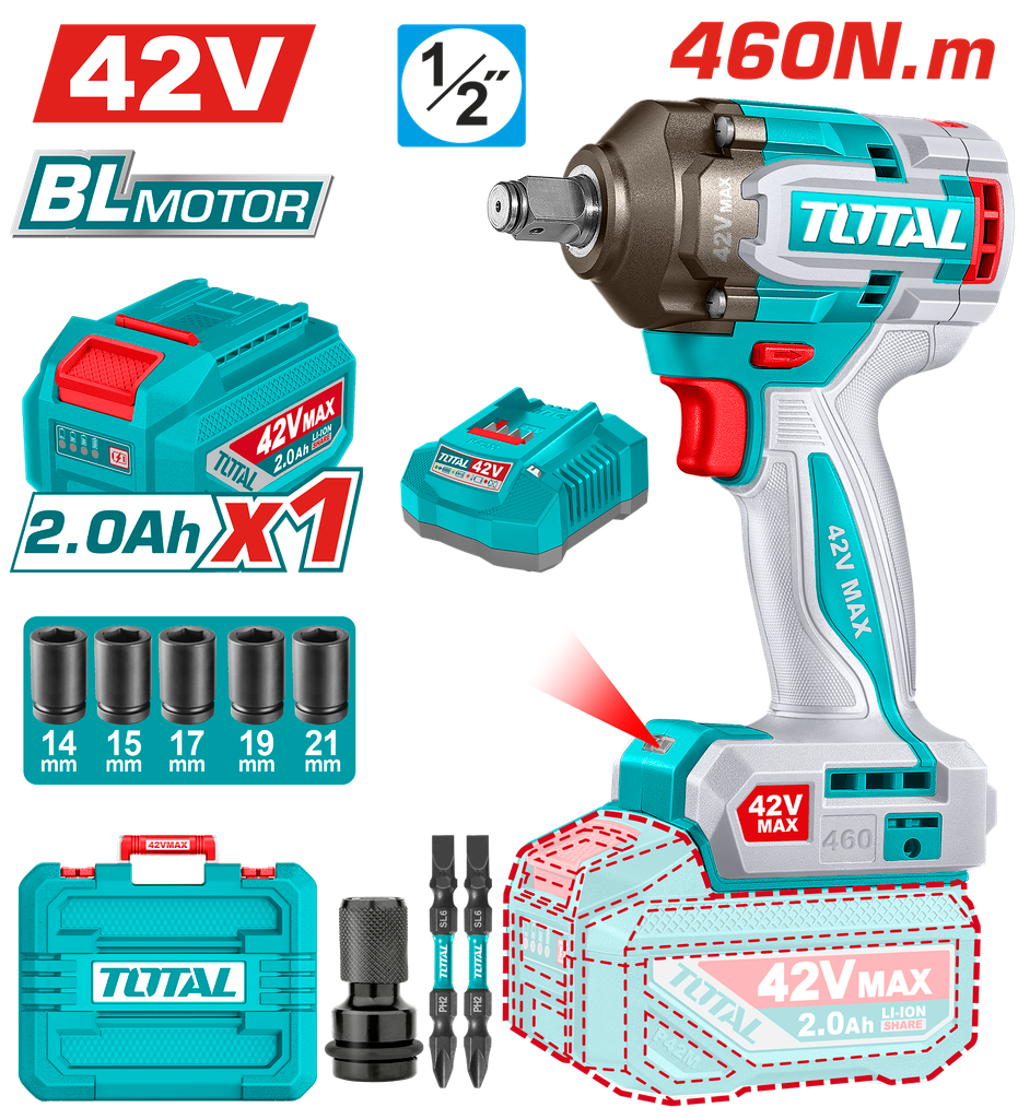 PISTOLA IMPACTO INALAMBRICA 1/2" 460 NM CAJA PLASTICA INCLUYE 1 BATERIA 42V, 1 CARGADOR Y ACCESORIOS SUPER TOTAL INDUSTRIAL