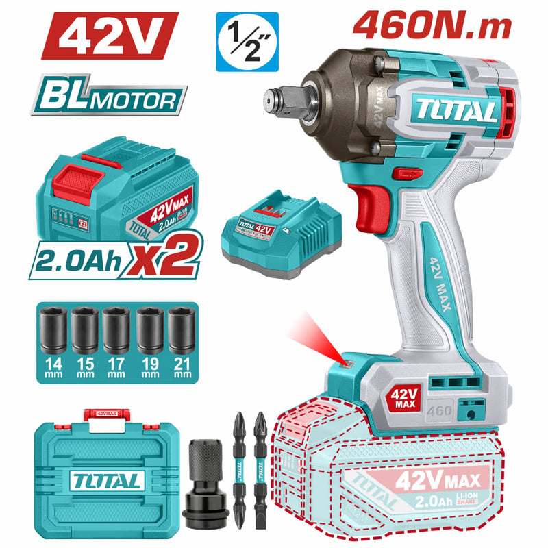 PISTOLA IMPACTO INALAMBRICA 1/2" 42V 460NM CAJA PLASTICA INCLUYE 2 BATERIA, 1 CARGADOR Y ACCESORIOS SUPER TOTAL INDUSTRIAL (U
