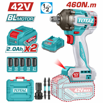 PISTOLA IMPACTO INALAMBRICA 1/2" 42V 460NM CAJA PLASTICA INCLUYE 2 BATERIA, 1 CARGADOR Y ACCESORIOS SUPER TOTAL INDUSTRIAL (U