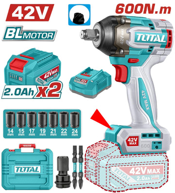 PISTOLA IMPACTO 42V 600 NM INCLUYE 2 BATERIAS 1 CARGADOR COPAS , PUNTA DESTORNILLADOR Y ADAPTADOR INDUSTRIAL SUPER TOTAL