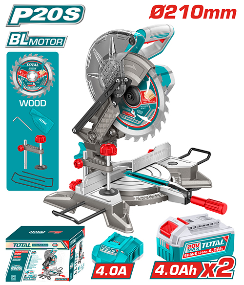 SIERRA INGLETEADORA  INALAMBRICA 20V 8-1/4" INCLUYE 2 BATERIAS 4.0AH , CARGADOR Y ACCCESORIOS  INDUSTRIAL TOTAL (UTMSLI20212)
