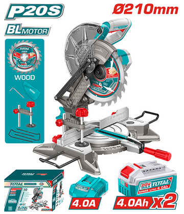 SIERRA INGLETEADORA  INALAMBRICA 20V 8-1/4" INCLUYE 2 BATERIAS 4.0AH , CARGADOR Y ACCCESORIOS  INDUSTRIAL TOTAL (UTMSLI20212)
