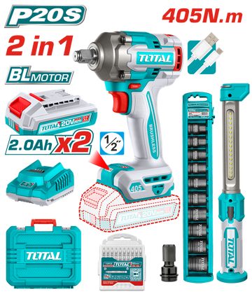 COMBO INALAMBRICO 20V PISTOLA IMPACTO INALAMBRICO 1/2 405 NM + LAMPARA DE TRABAJO 300 LUMENES RECARGABLE + 10 COPAS 1/2 (10-2
