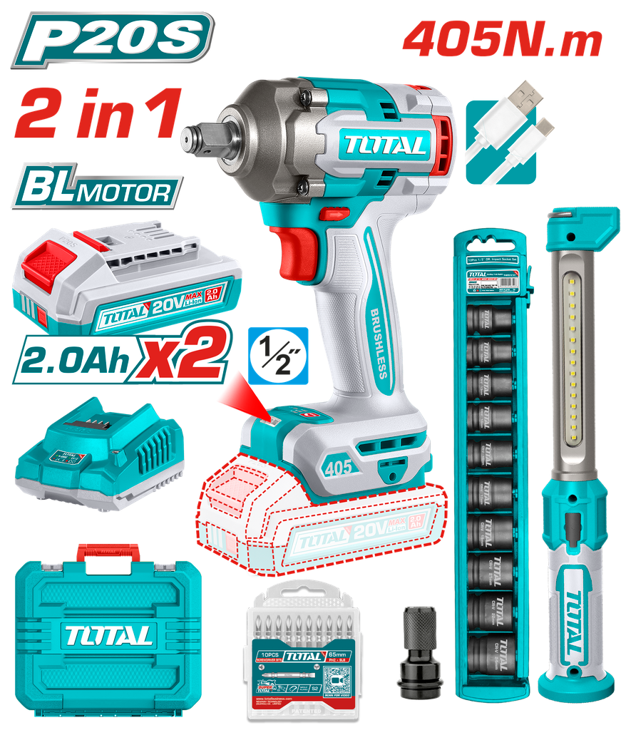 COMBO INALAMBRICO 20V PISTOLA IMPACTO INALAMBRICO 1/2 405 NM + LAMPARA DE TRABAJO 300 LUMENES RECARGABLE + 10 COPAS 1/2 (10-2