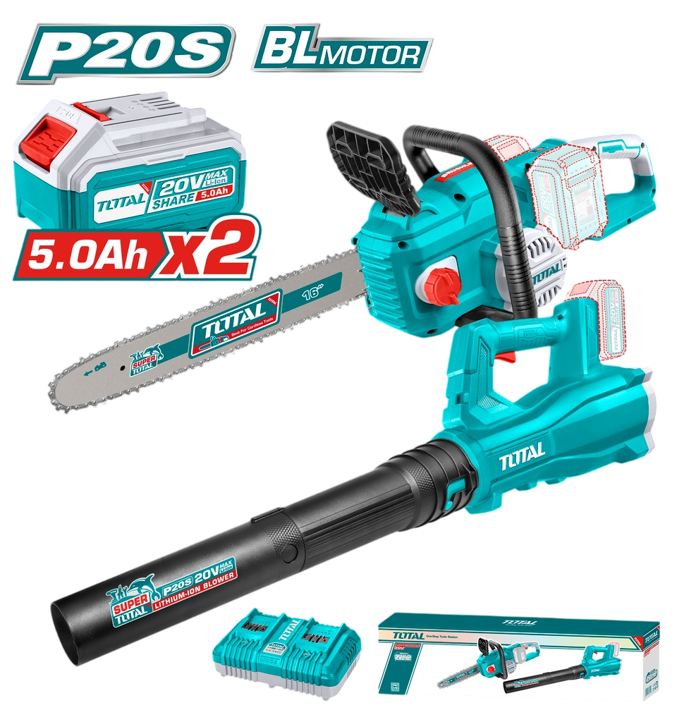 JUEGO MOTOSIERRA + SOPLADORA INALAMBRICA 20V + 2 BAT. 5.0AH Y CARGADOR DOBLE