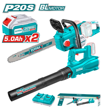 JUEGO MOTOSIERRA + SOPLADORA INALAMBRICA 20V + 2 BAT. 5.0AH Y CARGADOR DOBLE